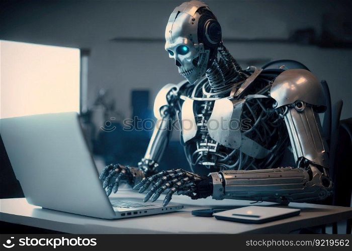Shiny chrome exoskeleton android robot typing on a laptop. Illustration of a futuristic fantasy cyborg businessman. AI generated.. Shiny chrome exoskeleton android robot typing on a laptop. AI generated.