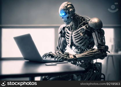 Shiny chrome exoskeleton android robot typing on a laptop. Illustration of a futuristic fantasy cyborg businessman. AI generated.. Shiny chrome exoskeleton android robot typing on a laptop. AI generated.