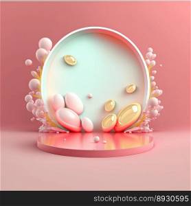 Shiny Easter Celebration Round Podium for Product Display with 3D Render Eggs Decoration