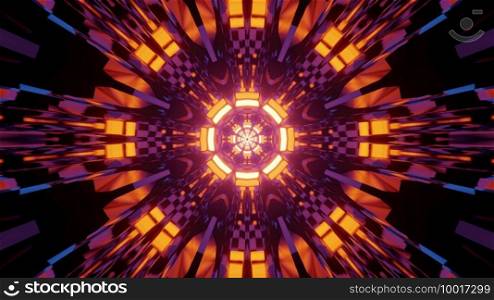 Shiny futuristic abstract 3d illustration colorful geometric pattern with glowing neon circles and gleaming lines as interior design of fantastic sci fi space tunnel. Abstract circular ornament with light effects 3d illustration