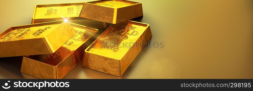 Shiny gold bars close up. 3d render