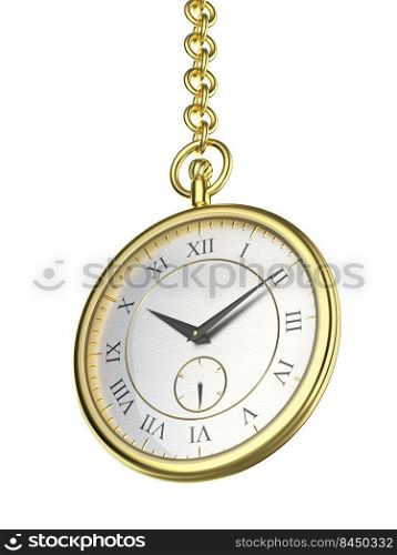 Shiny gold pocket watch with chain, isolated on white background