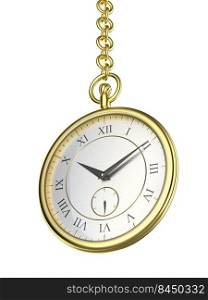 Shiny gold pocket watch with chain, isolated on white background