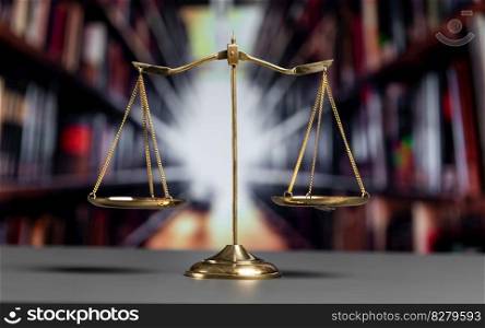 Shiny golden balanced scale in court library background as concept justice and fairness legal symbol. Scale balance for righteous and equality judgment by lawyer and attorney. equility. Shiny golden scale balance in library background as justice symbol. equility