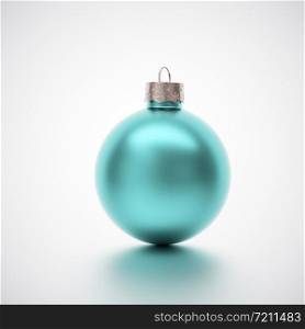 Shiny green crimson Christmas bauble centered on a light grey background for seasonal Holiday celebrations and themes