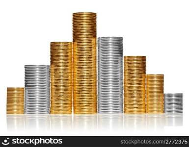 Shiny new coins stack isolated on white