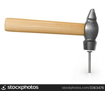 Shiny new hammer hitting the nail isolated on white background, side view