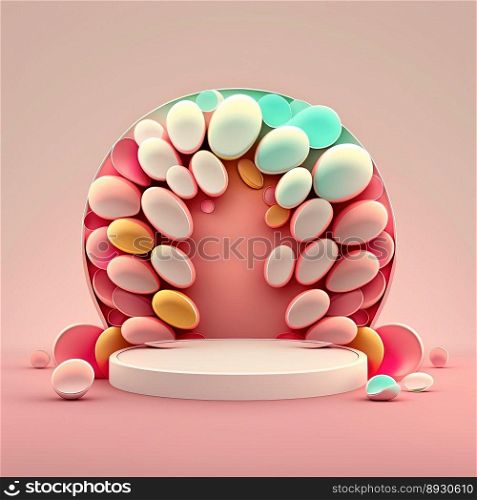 Shiny Pink Easter Celebration Round Podium for Product Display with 3D Eggs Decoration