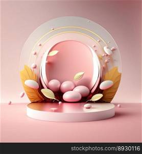 Shiny Pink Easter Celebration Round Podium for Product Display with 3D Render Eggs Decoration