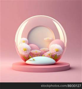 Shiny Pink Easter Round Podium for Product Display with 3D Egg Decoration