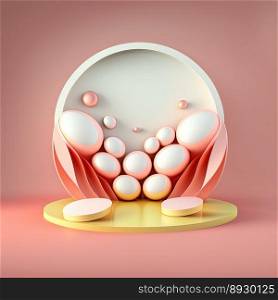 Shiny Pink Easter Round Podium for Product Display with 3D Render Egg Decoration