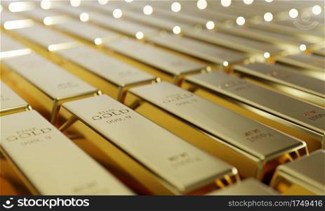 Shiny pure gold bars in a row background. Wealth and economic concept. Business gold future investment and money saving theme. 3D illustration rendering graphic design