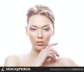 shiny young woman on white background