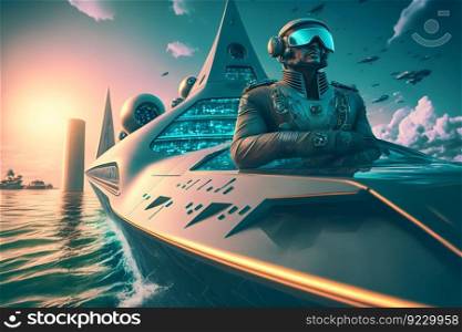 Ship captain on a modern futuristic boat transport at sea. Neural network AI generated art. Ship captain on a modern futuristic boat transport at sea. Neural network generated art