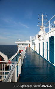 Ship deck, board view. Ocean, sea in a sunny day