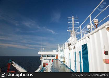 Ship deck, board view. Ocean, sea in a sunny day
