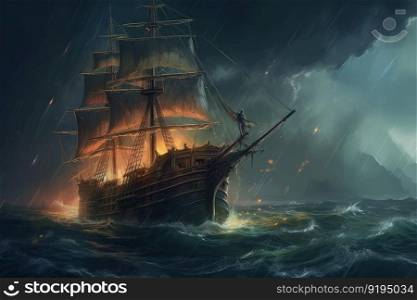 Ship fire in sea storm. Waves wind. Generate Ai. Ship fire in sea storm. Generate Ai