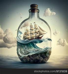 Ship in a bottle floating on an enormous wave. Generative AI. High quality illustration. Ship in a bottle floating on an enormous wave. Generative AI