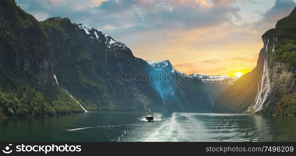 Ship in geiranger fjord. Norway