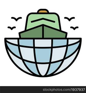 Ship in global port icon. Outline ship in global port vector icon color flat isolated. Ship in global port icon color outline vector