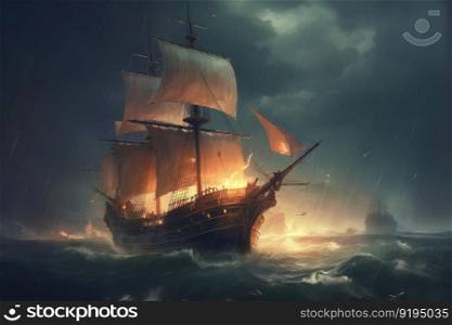 Ship in sea storm. Pirate old distress. Generate Ai. Ship in sea storm. Generate Ai
