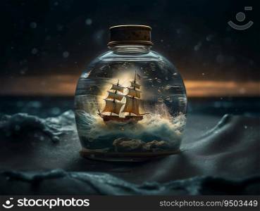 Ship inside of a bottle on the ocean