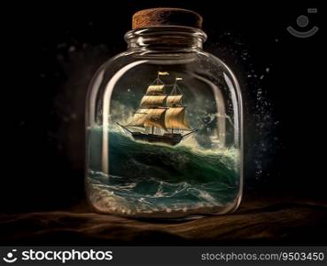 Ship inside of a bottle on the ocean