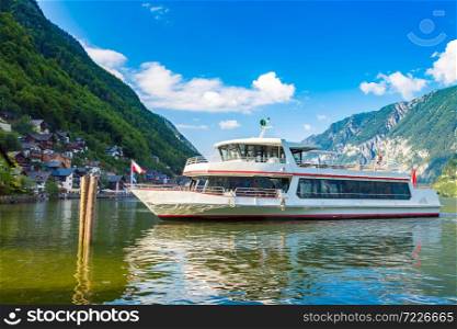 Ship on Hallstatt lake, Salzkammergut, Alps, Austria in a beautiful summer day