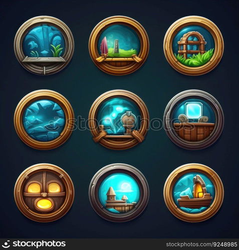 ship porthole window game ai generated. metal background, frame glass, marine nautical ship porthole window game illustration. ship porthole window game ai generated