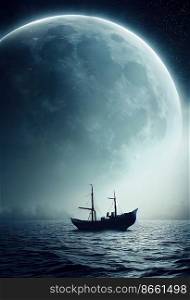 Ship sails at dark sea with big moon 3d illustrated