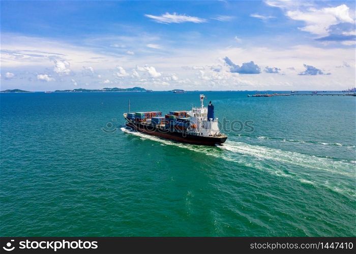 Shipping cargo container business services industries import and import international the sea fright in Thailand aerial view from drone