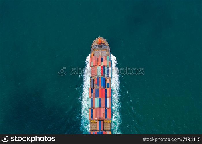 shipping cargo containers businesses services import and export international open sea aerial top view from drone