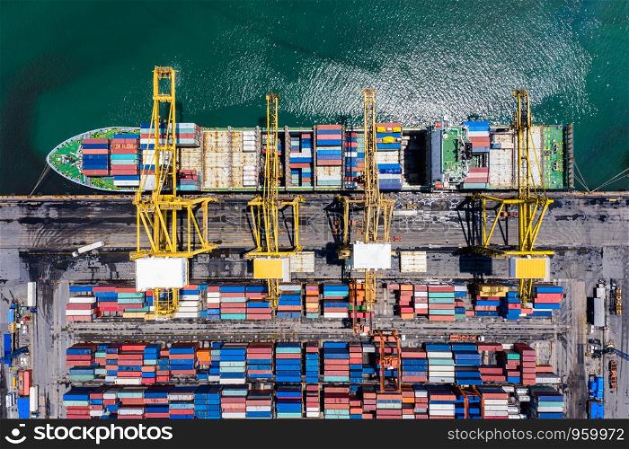 shipping cargo containers loading and unloading port business services import export cargo international ocean fright in Thailand aerial top view