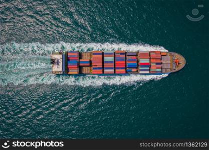 shipping cargo containers transportation import export International business services open sea aerial top view from drone