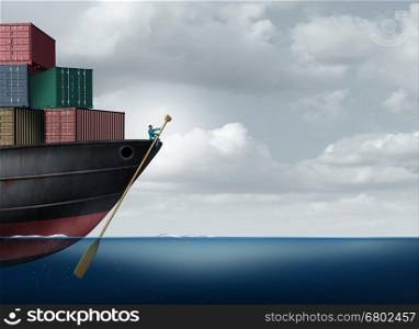 Shipping cargo leadership as a businessman or logistics manager navigatying a freight ship using an oar as an import export management leader metaphor with 3D illustration elements.