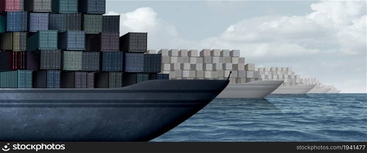 Shipping cargo supply chain and pile up at a port and piling ship containers concept as sea freight and goods distribution idea with container boxes as an international trade logistics problem symbol as a 3D illustration.