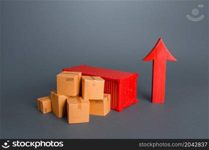 Shipping container and boxes near a red arrow up. Growth of goods transportation volume, world trade traffic recovery. Economic ties. Fees and Tariffs, customs. Increase in sales. Import and export.