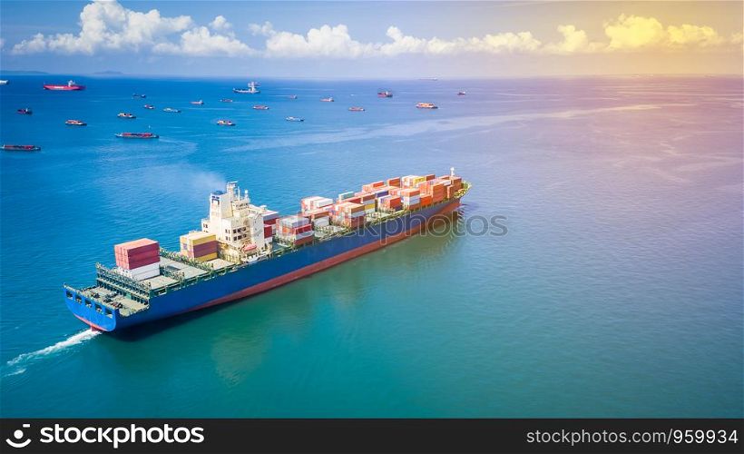 shipping container cargo industry business international inport ans export consumer product open sea aerial view