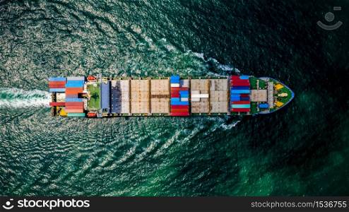 shipping container cargo logistics import and export business and industry service commercial trade transportation of international by container cargo ship in the open sea, Container cargo freight ship concept aerial top view and dark sea background