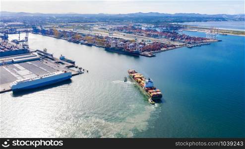 shipping dock on the seaport leam chabang Thailand aerial view