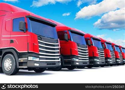 Shipping, logistics and delivery business commercial concept: 3D render illustration of the row of cargo trailer rucks isolated on white background against blue sky with clouds