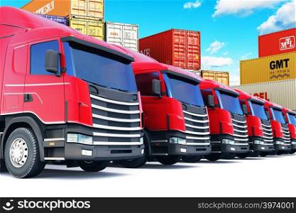 Shipping, logistics and delivery business commercial concept: 3D render illustration of the row of cargo trailer rucks at the sea port freight terminal with stacked color cargo containers