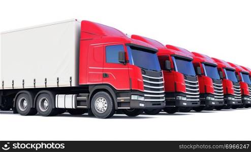 Shipping, logistics and delivery business commercial concept  3D render illustration of the row of cargo trailer rucks isolated on white background