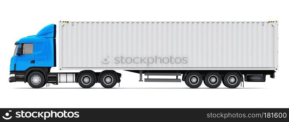Shipping, logistics and freight delivery business commercial concept: 3D render illustration of the side profile view of blue semi-truck with 40 ft heavy cargo container isolated on white background