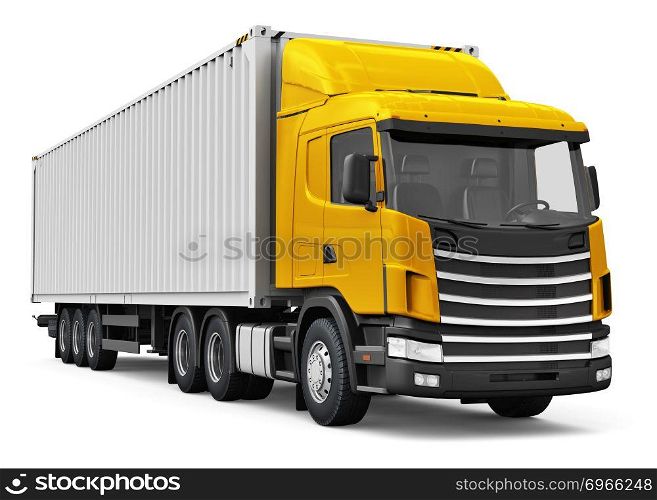 Shipping, logistics and freight delivery business commercial concept: 3D render illustration of the yellow semi-truck with 40 ft heavy cargo container isolated on white background