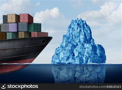 Shipping Logistics Risk and cargo challenge as a freight ship facing a dangerous iceberg as a business import export management metaphor with 3D illustration elements.