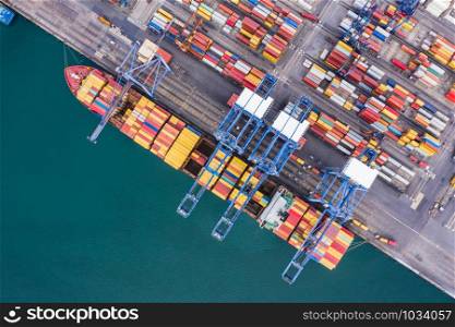 shipping port logistics cargo transportation import export international open sea aerial view from drone camera in Thailand