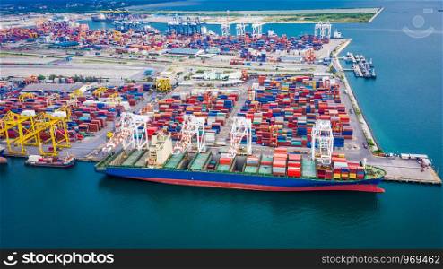 shipping unloading container cargo terminal port on the sea business services transportation import export and exchange International shipment open sea aerial view