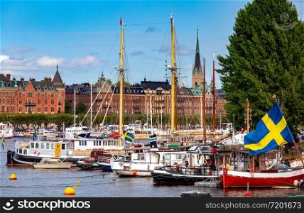 Ships along the quays of the city embankment. Stockholm. Sweden.. Stockholm. City embankments