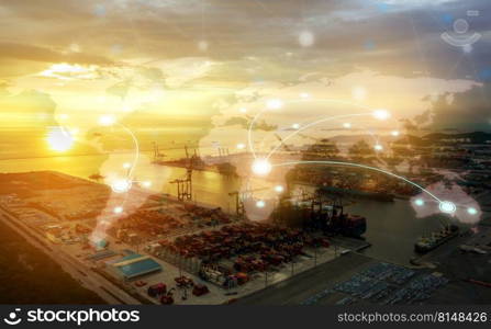 Ships and communication network concept. Logistics worldwide maritime traffic. Business shipping vessel port with double exposure concept.